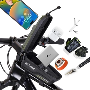 Сумка для рами велосипеда WILDMAN GX200 2L зеленого кольору, тримач для телефону