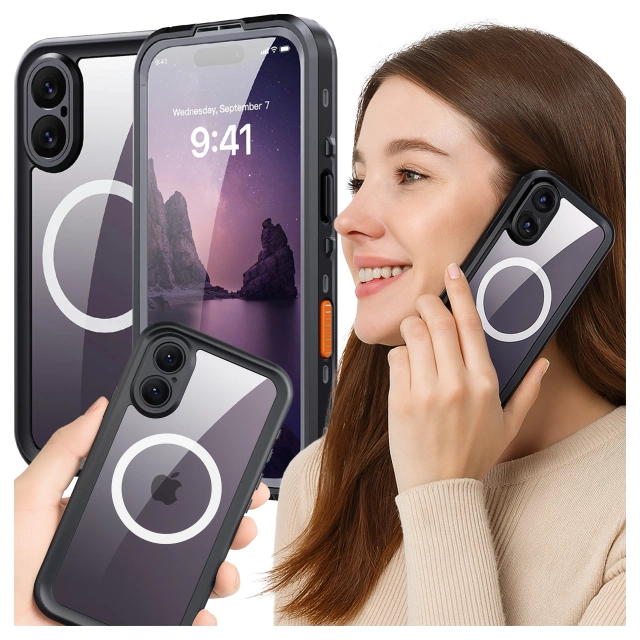 Etui Wodoodporne do Apple iPhone 17 6.3", Pancerna Obudowa 360° z Przezroczystym Tyłem, Kompatybilna z MagSafe, Alogy HydroArmor™ IP68 Case – Czarne