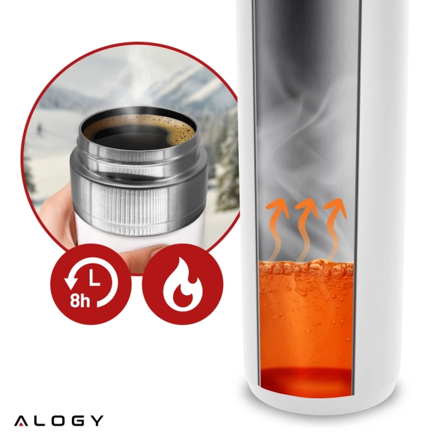 Termohrnek Alogy Thermos ThermoGo™ 800ml, ocelový, nepropustný, sbalitelný, cestovní, na kávu a čaj, sportovní, dlouhotrvající teplo, do auta a batohu, bílý