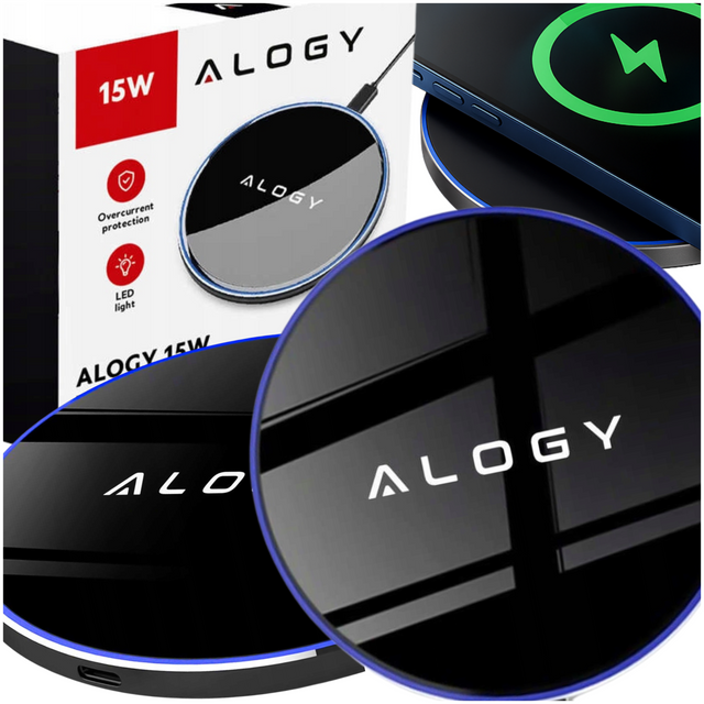 QI bezdrátová indukční nabíječka 15W rychlá LED Alogy kulatá pro iPhone USB-C kabel Černá