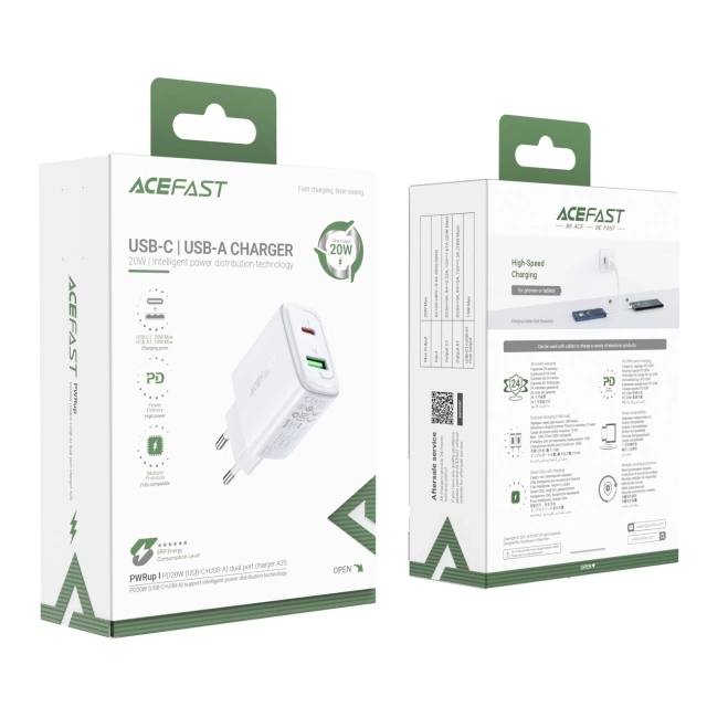 Acefast Wandladegerät USB Typ C / USB 20W, PPS, PD, QC 3.0, AFC, FCP weiß (A25 weiß)