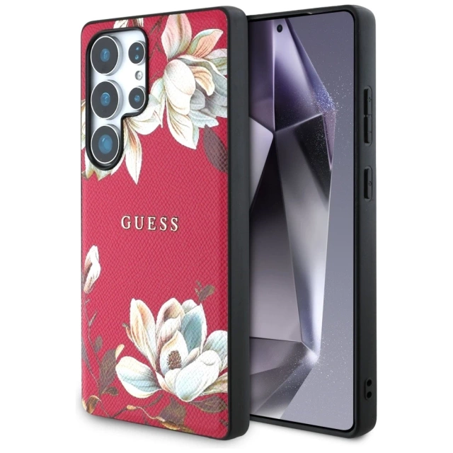 Etui Guess Grained Flower MagSafe do Samsung Galaxy S25 Ultra Fuksja