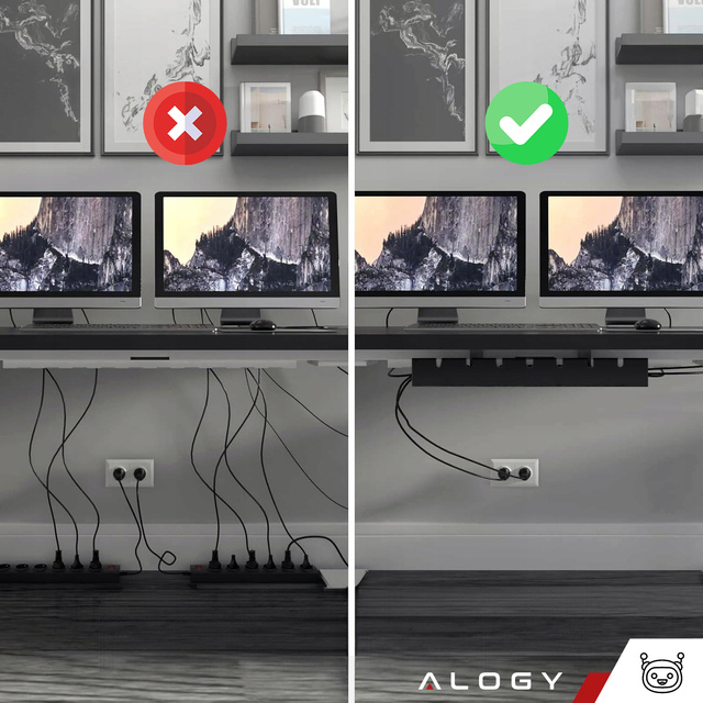 Cable organizer under the tabletop, adjustable shelf for cables, desk strip, aluminum holder Alogy Black