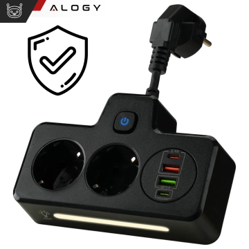 Alogy Plug Extender rozbočovač zásuvek rozbočovač adaptér prodlužovací kabel 2x EU zástrčka 2x USB 2x USB-C Černá