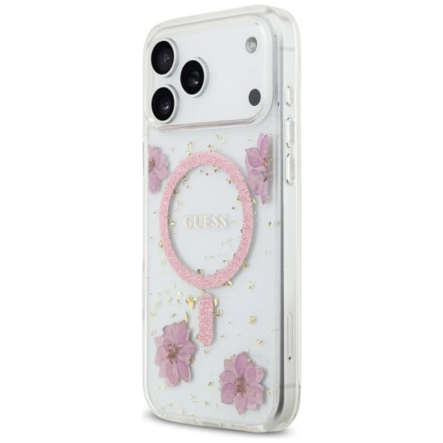 Etui Guess MagSafe do iPhone 17 Pro Max Resin Flowers Glitter Pink