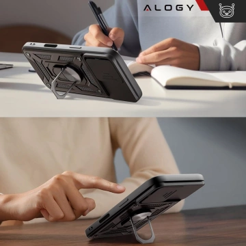 Etui do Apple iPhone 16 pancerne Slide Case Ring obudowa ochrona aparatu Camshield Alogy czarne + Szkło