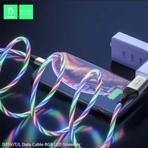 USB Micro Cable Denmen LED Streamer 1m Silver D25 2.4A