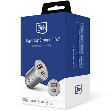 45W USB nabíjačka do auta USB-C Type C rýchla 3mk Hyper Car Charger strieborná
