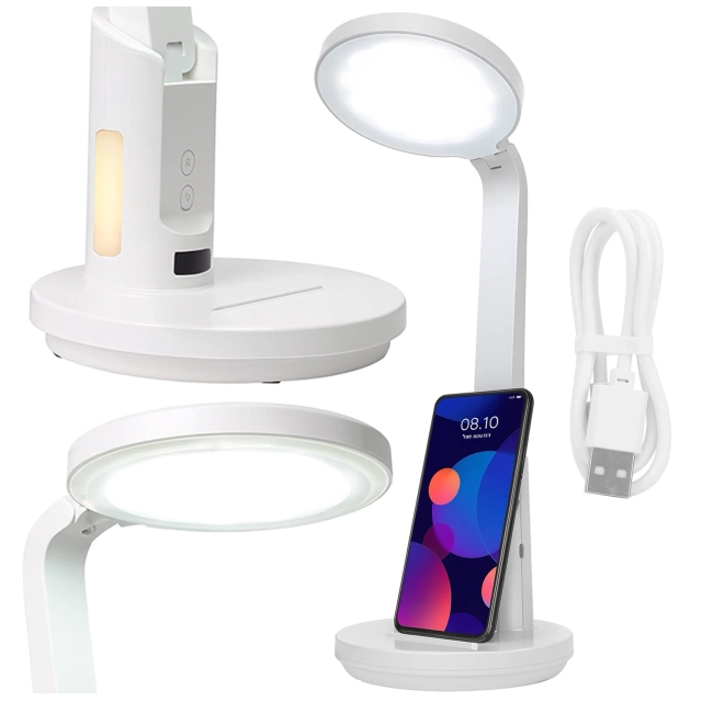 Lampka biurkowa nocna LED – akumulator 6000 mAh, regulacja światła i trybów, miejsce na telefon, stabilna, idealna do nauki i pracy – Alogy MultiStand™ Biała