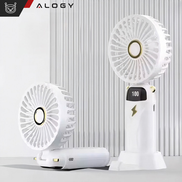 Ručný stolný ventilátor Alogy, bezdrôtový, prenosný, stojaci so stojanom na telefón, biely