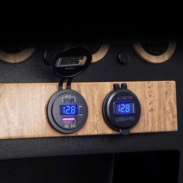 USB Car Charger QC 3.0 USB-C Type-C PD Adapter Car Cigarette Lighter Socket LED Voltmeter 48W Phone Glass Black