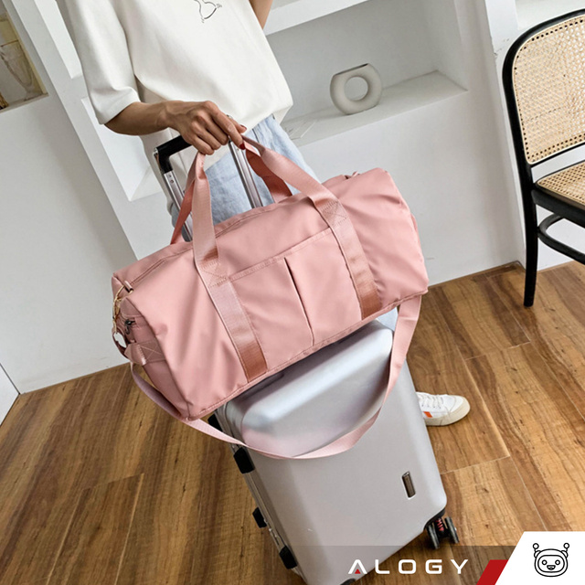 Жіноча спортивна сумка через плече в зал, в літак, ручна поклажа, 48х25, тканина тренувальна, Alogy, Рожевий