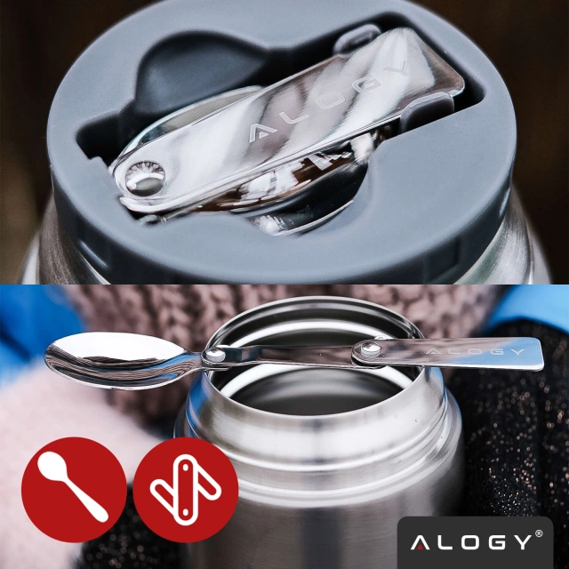 Termoska na večeři pro děti Polévka 700ml Alogy Nerezová skládací lžička Tepelně šedá