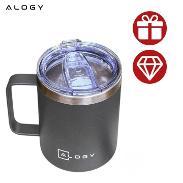 Thermobecher 420 ml mit Henkel und Deckel für Kaffee, Tee, Stahl, Kalt- und Heißgetränke Alogy Grey