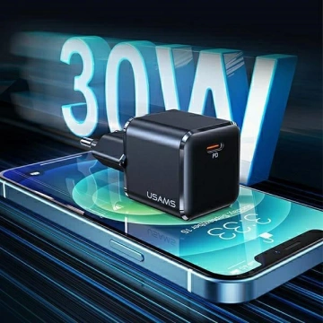 USAMS Wandladegerät 1x USB-C T45 30W PD3.0 Schnellladekabel U63 USB-C/Lightning schwarz/schwarz UXTZH01 (USAMS-UX)