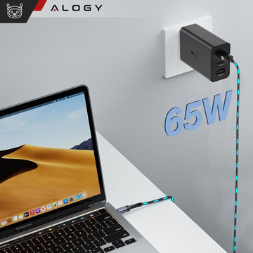 Rýchla 65W nástenná nabíjačka 2x USB-C typ C PD USB-A USB Alogy 3 porty silná čierna