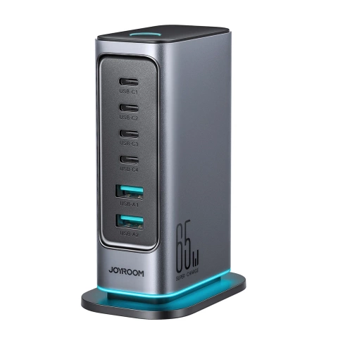 Багатопортовий зарядний пристрій Joyroom 65 Вт GaN, 4x USB-C, 2x USB-A, темно-сірий