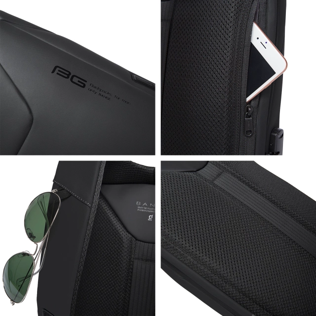 Vodotesný batoh Bange s ochranou proti krádeži na 15,6" notebook, cestovanie do mesta, 46x30x15 cm do práce, do lietadla, pánsky, dámsky, s USB portom a kombinovaným zámkom, čierny