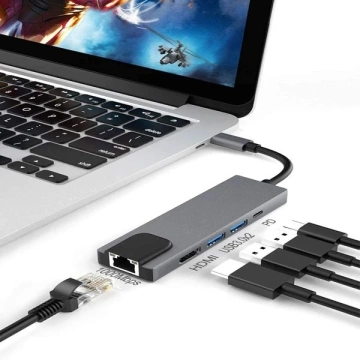 Adaptér Ecobox Dex Type-C HDMI USB RJ45 Type-C Stříbrný