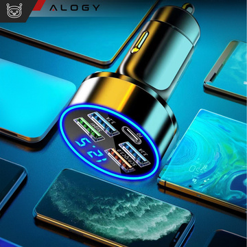 Nabíječka do auta 4x USB QC 3.0 USB C PD 20W LED rychlá výkonná 250W pro telefon Alogy Car černá