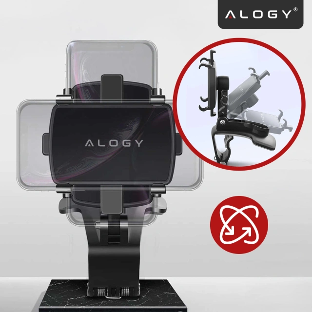 Uchwyt samochodowy do telefonu do 7.2" – montaż na lusterko, kokpit lub osłonę przeciwsłoneczną, stabilny i regulowany – Alogy MirrorGrip™ Czarny