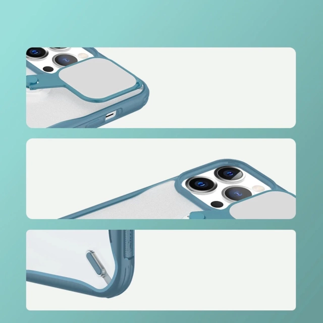 Nillkin Cyclops Case Odolné puzdro s krytom fotoaparátu a skladacím stojanom pre iPhone 13 Pro Max modrý