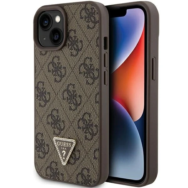Etui Guess GUHCP15SP4TDPW na iPhone 15 6,1" brązowý/hnědý pevný obal Kožený 4G Triangle Strass