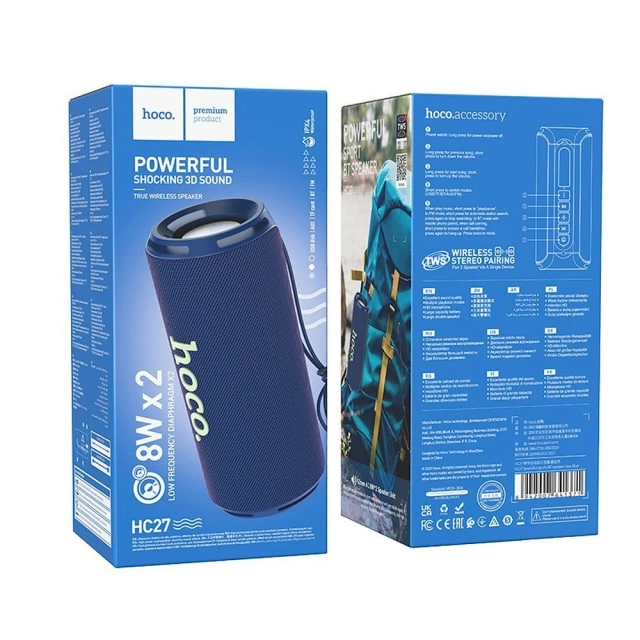 HOCO Bluetooth-Lautsprecher HC27 Marineblau Tragbar 2x8W 1500mAh Gurt