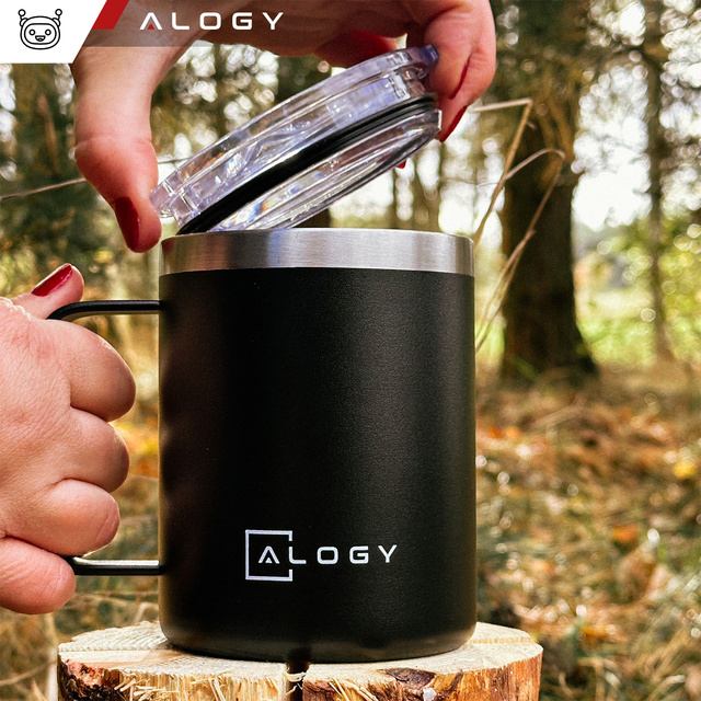Thermobecher 420 ml mit Griffdeckel für Kaffee, Tee, kalte und warme Getränke aus Stahl, Alogy Black, Waschbürste
