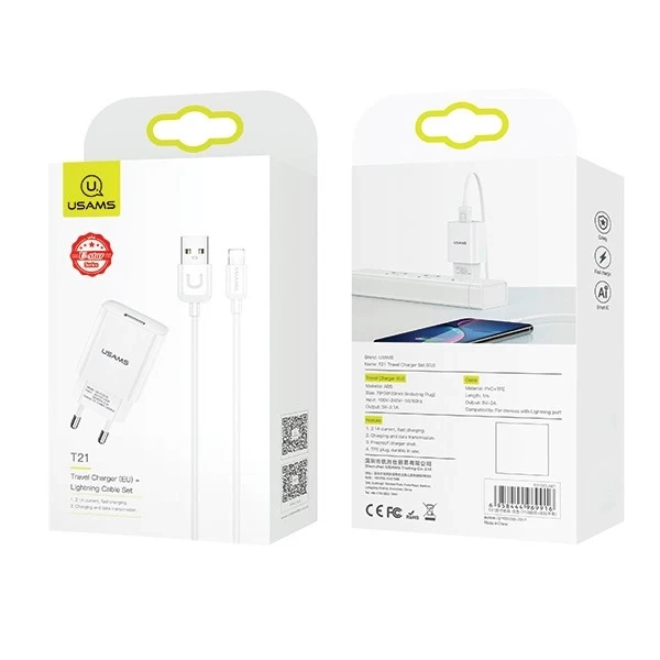 USAMS Nástenná nabíjačka 1x USB T21 lightning biela/biela 2,1A rýchle nabíjanie T21OCLN01