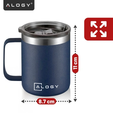 Thermobecher 420 ml mit Griffdeckel für Kaffee, Tee, kalte und warme Getränke aus Stahl, Alogy, Marineblau