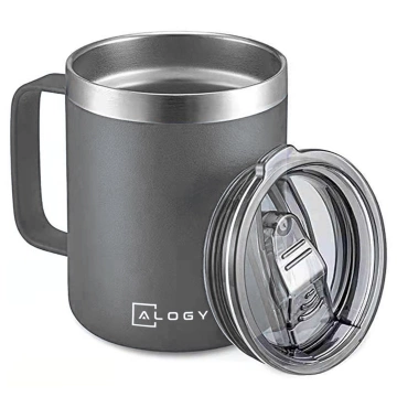 Thermobecher 420 ml mit Griffdeckel für Kaffee, Tee, kalte und warme Getränke aus Stahl, Alogy, Marineblau