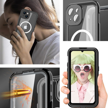 Pouzdro pro iPhone 15 Plus vodotěsné Mag Safe Case pancéřované vodotěsné pouzdro černé a šedé