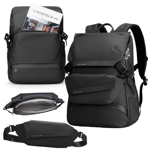 Mark Ryden Rucksack mit abnehmbarer Hüfttasche (2-in-1), Handgepäck, kostenlos, wasserdicht, 18 l, mit Laptopfach (bis 15,6 Zoll), Hüfttasche, City- und Reiserucksack, 40 x 30 x 14 cm – Schwarz