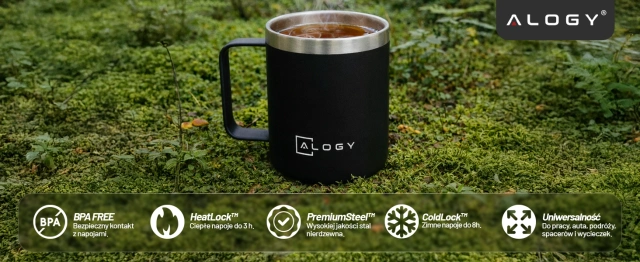 Thermobecher 420 ml mit Henkel und Deckel für Kaffee, Tee, Stahl, Kalt- und Heißgetränke, Alogy Black