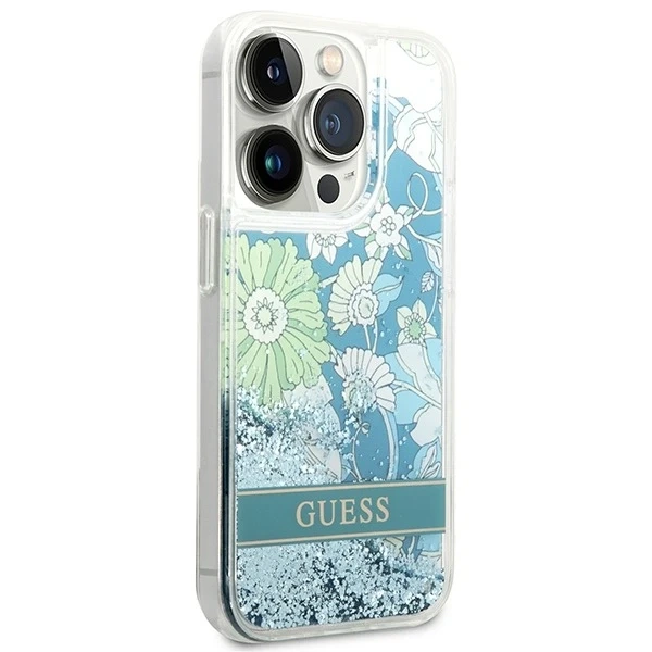 Etui Guess GUHCP14XLFLSN do Apple iPhone 14 Pro Max 6,7" zielony/zelené pevné puzdro Flower Liquid Glitter
