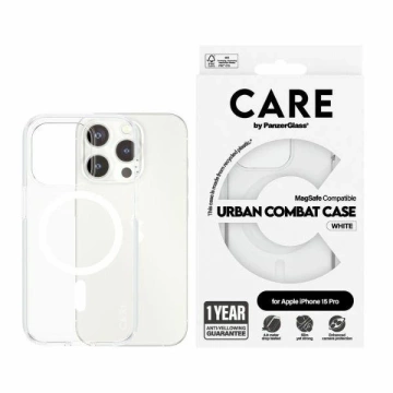 Pouzdro CARE od PanzerGlass Urban Combat pro iPhone 15 Pro, průhledné, s bílými magnety a MagSafe