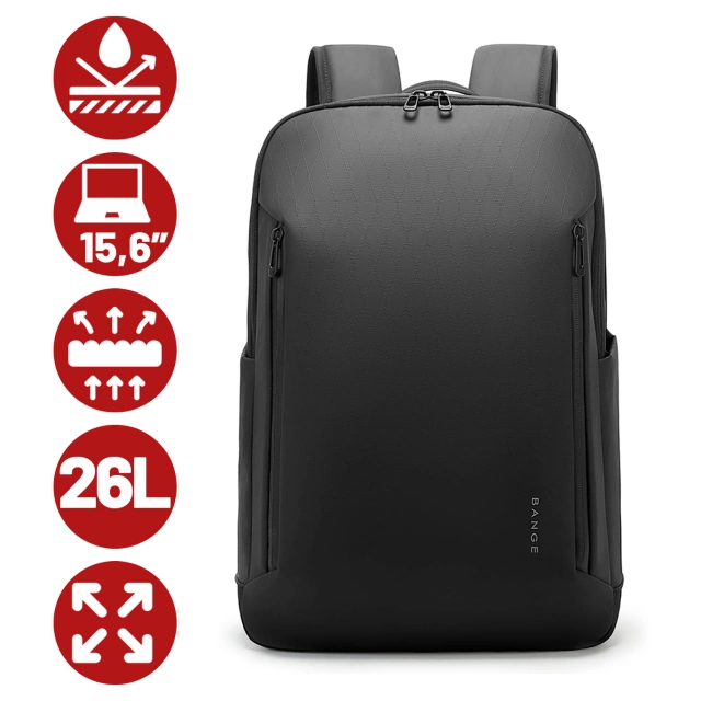 Bange 26L wasserdichter Rucksack für Laptops bis 15,6 Zoll – Geräumig und komfortabel, robust und atmungsaktiv, ideal für Stadt und Reisen, Arbeit und Flugreisen, Unisex – Schwarz