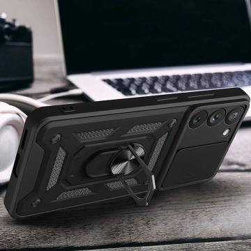 Hybrid Armor Camshield Hülle für Samsung Galaxy S23 gepanzerte Hülle mit Kameraabdeckung blau