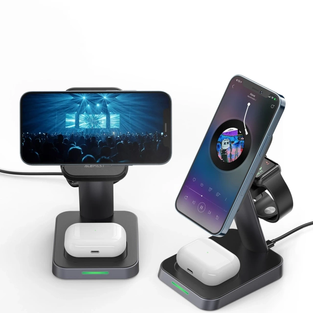 Бездротовий зарядний пристрій Acefast 15 Вт Qi для iPhone (з MagSafe), Apple Watch і Apple AirPods Stand Magnetic Holder Black (E3 black)