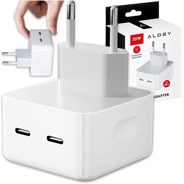 Rychlá 35W nástěnná nabíječka 2x USB-C USB typ C PD pro iPhone Alogy 2portová kostka Bílá