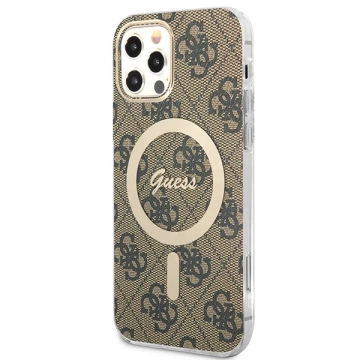 Zestaw Guess GUBPP12MH4EACSW Nabíjačka puzdra iPhone 12/12 Pro brązový/hnedý pevný obal 4G MagSafe Print