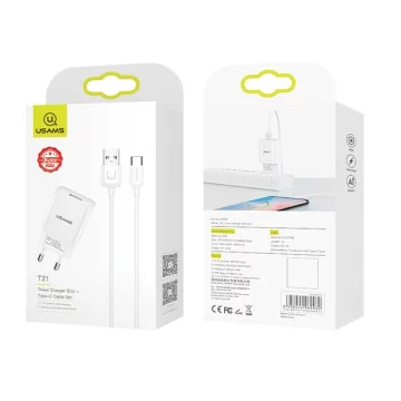 Настінний зарядний пристрій USAMS 1xUSB T21 USB-C білий/білий 2.1A Fast Charging кабель T21OCTC01