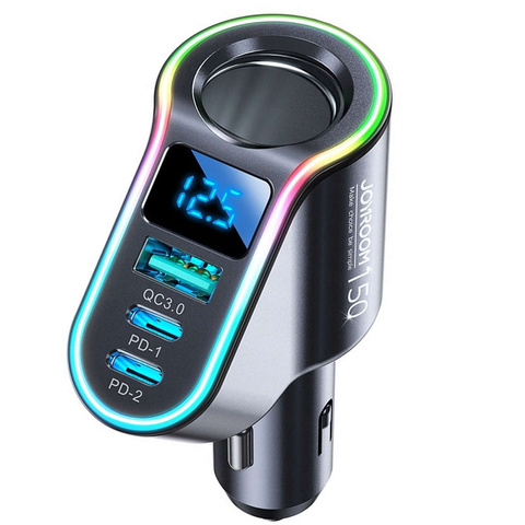 Автомобільний зарядний пристрій USB QC 3.0 2x USB-C PD 150W спліттер JoyRoom Car Charger 4in1 RGB LED чорний