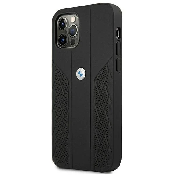 Pouzdro na telefon BMW BMHCP12LRSPPK pro Apple iPhone 12 Pro Max 6,7" černo/černé pevné pouzdro Kožené zakřivené perforované