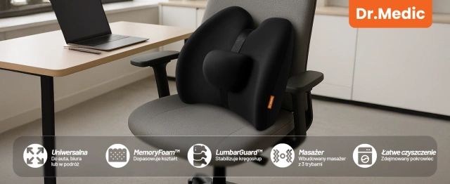 Poduszka samochodowa masująca lędźwiowa – ergonomiczne wsparcie pleców i odcinka lędźwiowego, elektryczny masażer z wibracjami i regulacją wysokości dla kierowcy i pasażera – Dr.Medic RelaxLumbar™