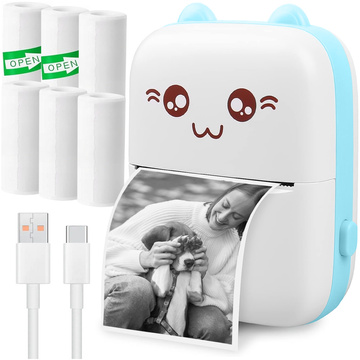 Drukuś Thermal Printer with 6 Rolls of Thermal Paper for Kids Blue