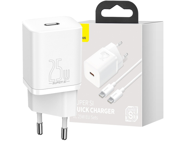 Baseus USB-C PD wall charger 25W cable for USB-C White