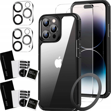 Чохол для iPhone 15 Pro Корпус Чохол 2х скло екрану і 2х лінзи Кільце броньоване Alogy 360 Hybrid Set 6in1 чорно-прозоре