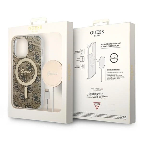 Zestaw Guess GUBPP13LH4EACSW Nabíjačka puzdra iPhone 13 Pro brązowy/hnedé pevné puzdro 4G MagSafe Print